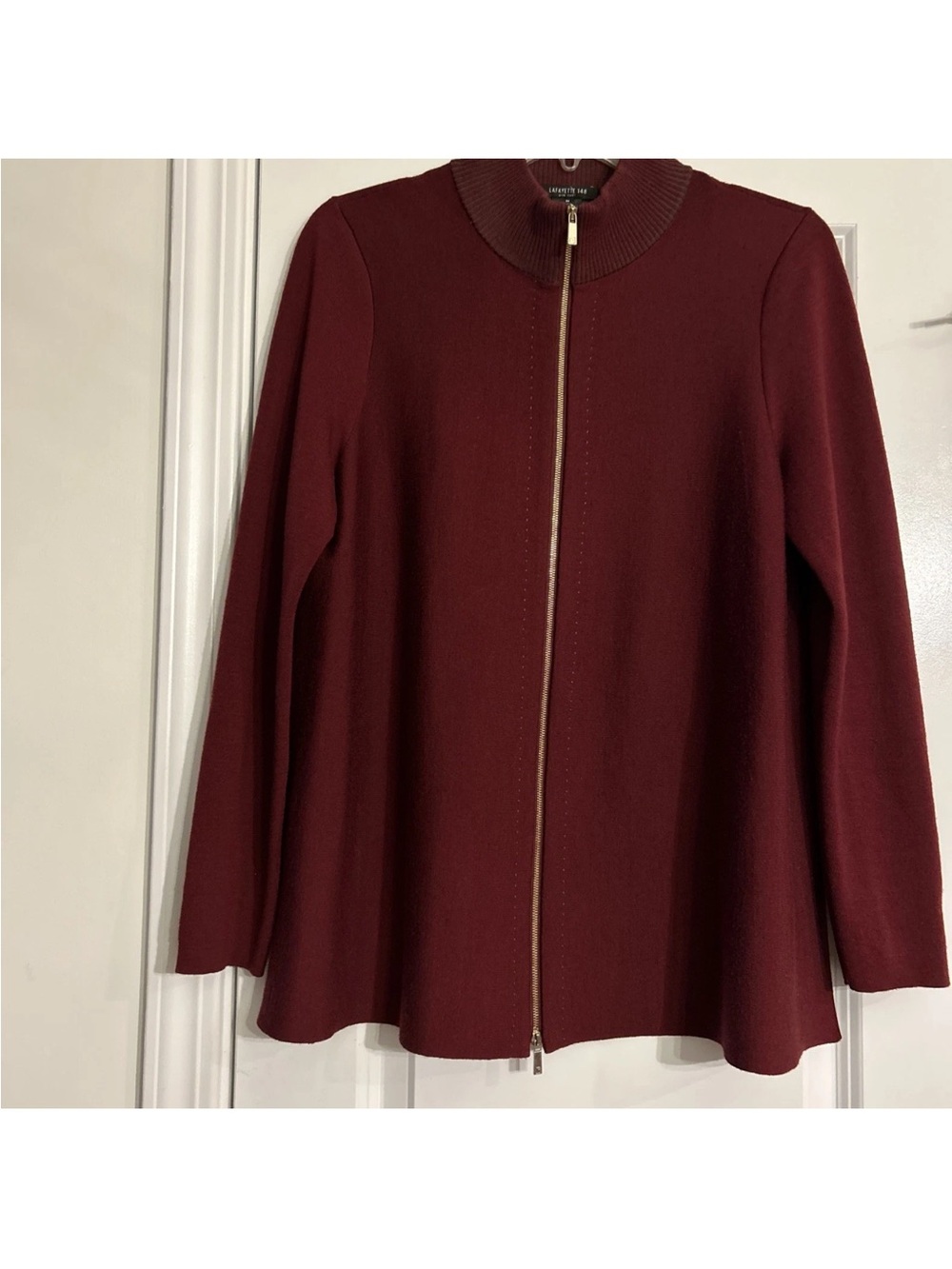 Lafayette 148 Women Cardigan Sweater Jacket Zip Wool Stretch Knit Burgundy Sz M